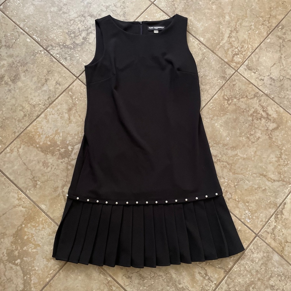 Karl Lagerfeld Paris Womens Black Pearl Trim Pleated Shift Dress Size 12